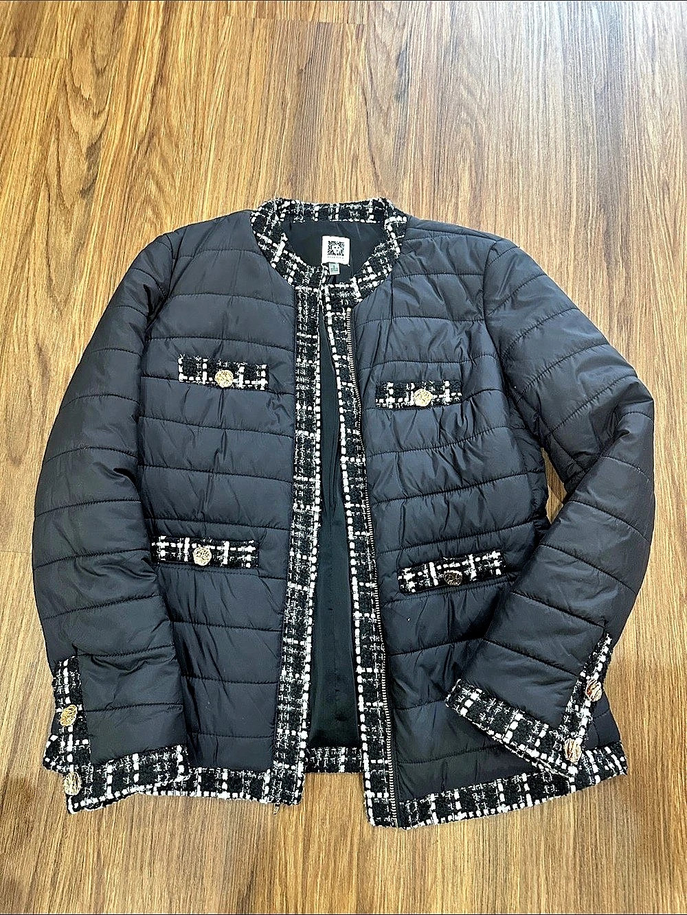 Anne Klein Black Checkered-Trim Puffer Jacket Like New